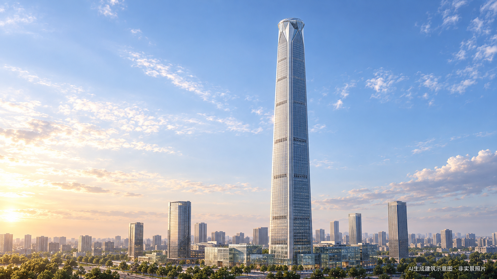 天津117大厦侧面仰视AI建筑示意图，非实景照片或官方设计图